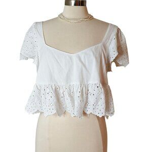 American Eagle Womens Crop L White Eyelet Lace Smocked Back Peplum Romantic Boho